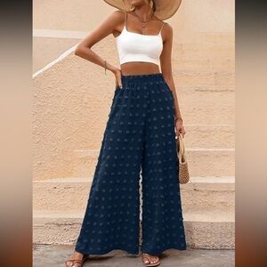 Navy Blue Polka Dots High Waist Pants Wide Leg Solid Soft Comfortable Med NEW